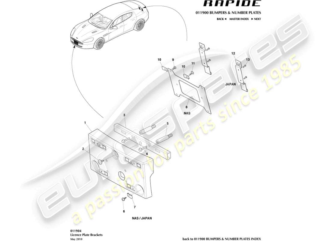 aston martin rapide (2016) teilediagramm für nummernschildsockel