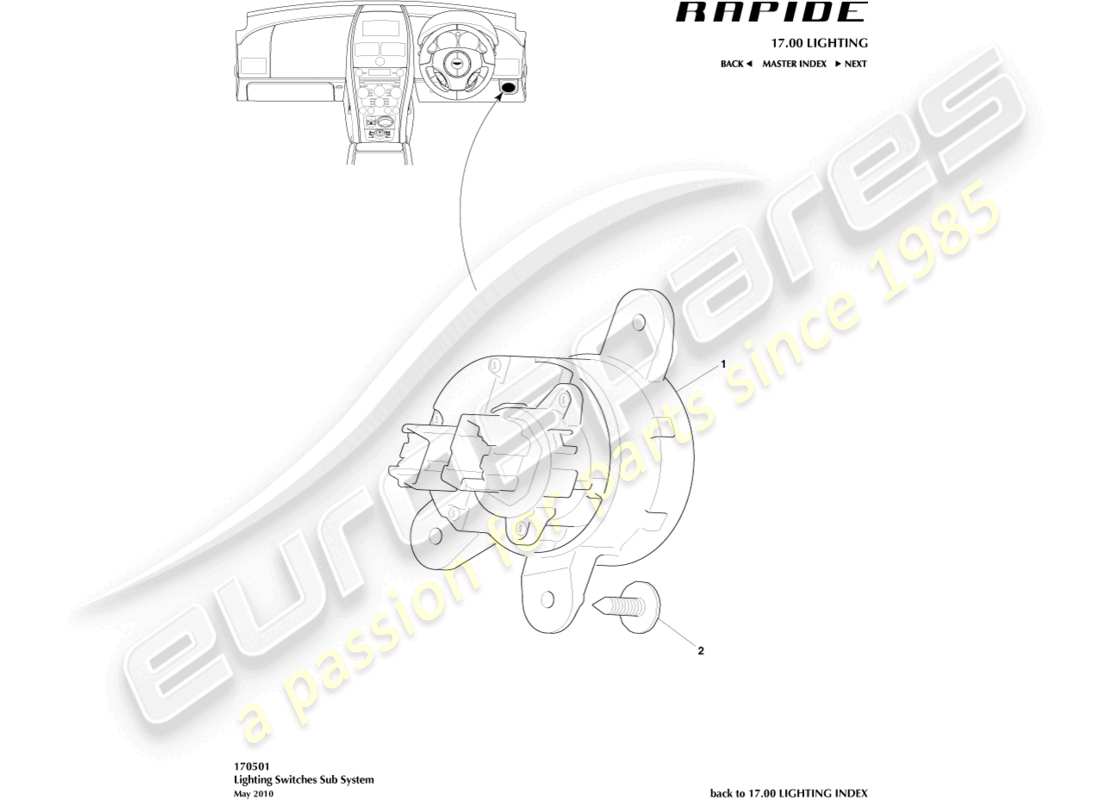 aston martin rapide (2010) teilediagramm für lichtschalter