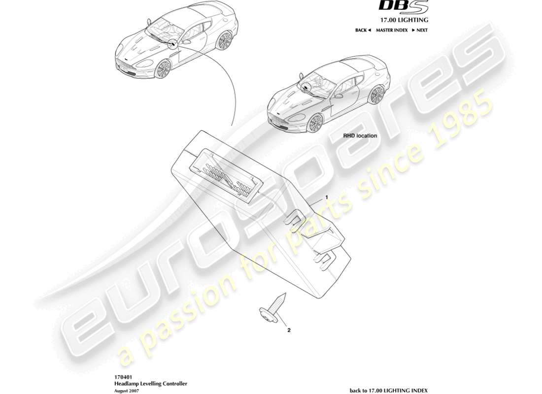aston martin dbs (2013) teilediagramm des scheinwerfer-niveauregulierungsreglers