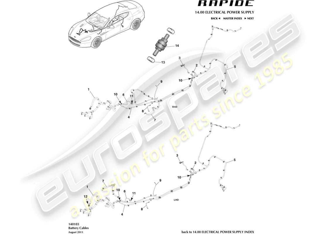 aston martin rapide (2011) teilediagramm für batteriekabel