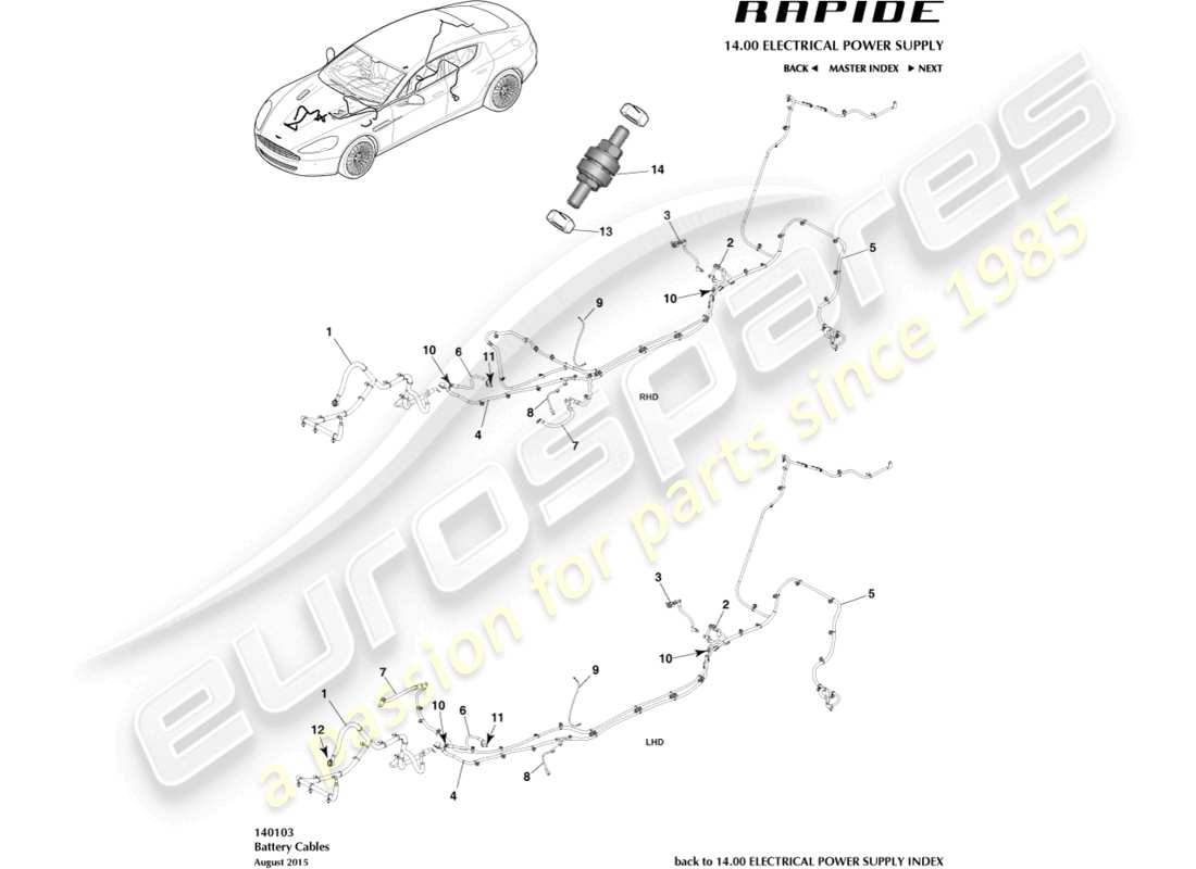 aston martin rapide (2013) teilediagramm für batteriekabel