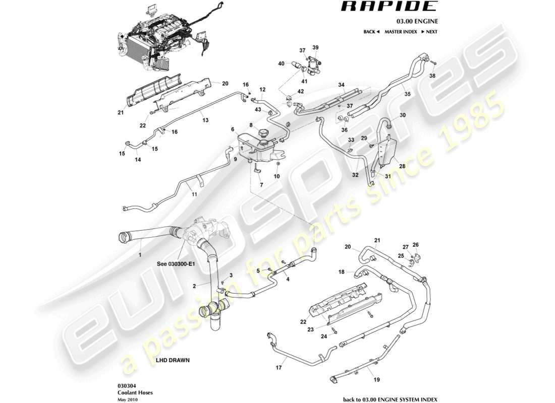 aston martin rapide (2011) teilediagramm für kühlmittelbehälter und schläuche