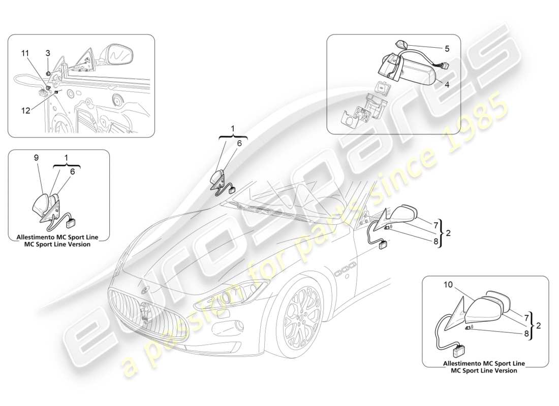 maserati granturismo (2010) innen- und aussenrückspiegel teilediagramm