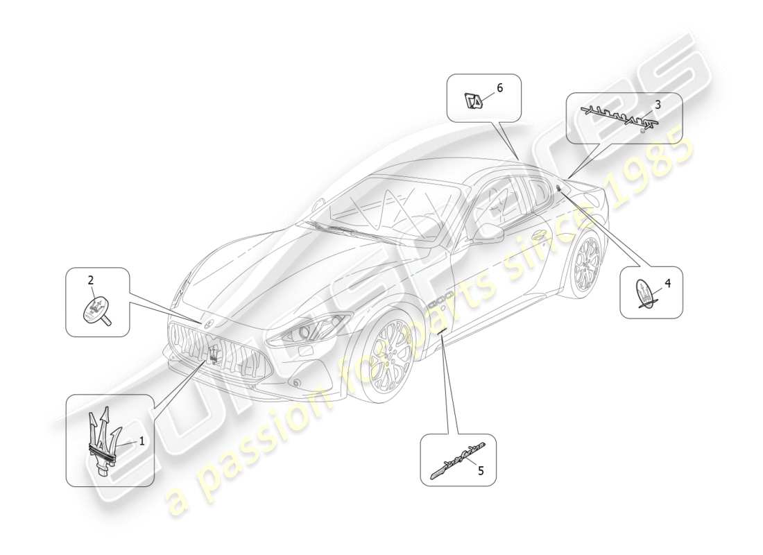 maserati granturismo s (2019) verzierungen, marken und symbole teilediagramm