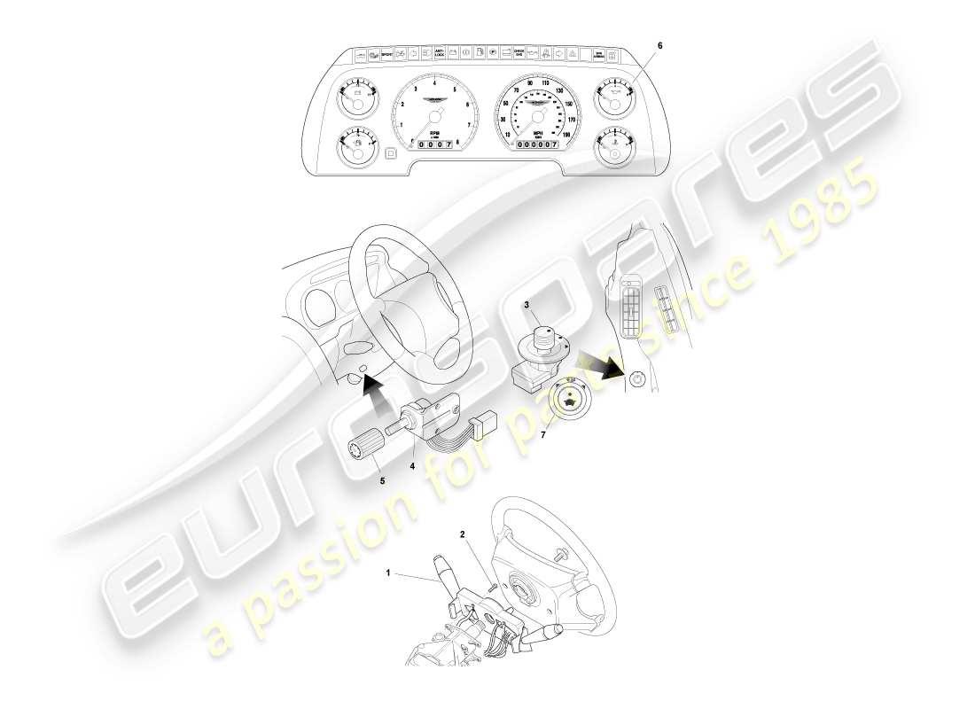 aston martin db7 vantage (1999) teilediagramm für instrumente und bedienelemente