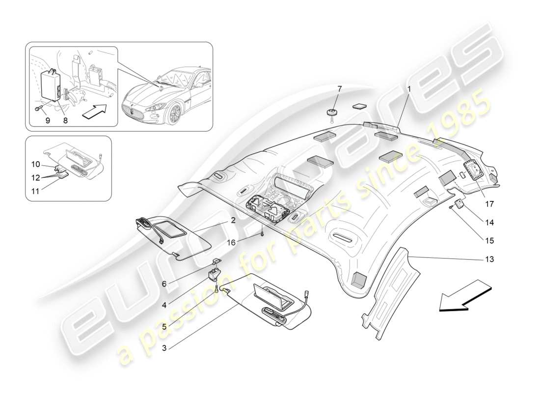 maserati granturismo s (2013) dach- und sonnenblenden ersatzteildiagramm