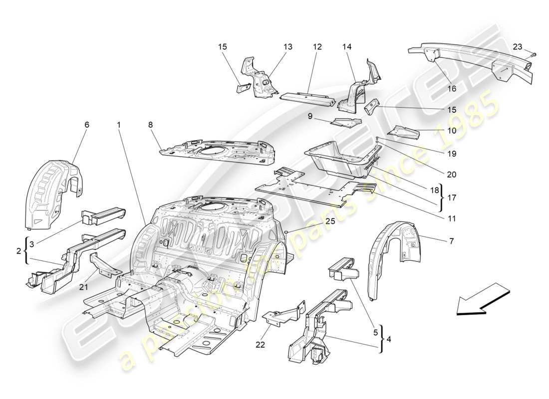 maserati granturismo (2015) hintere strukturrahmen und bleche ersatzteildiagramm