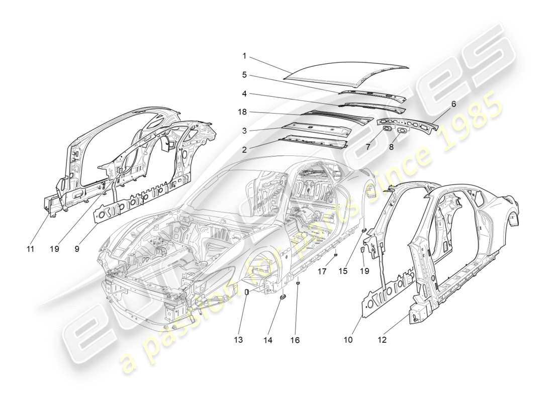 maserati granturismo s (2018) karosserie und mittlere aussenverkleidung teilediagramm