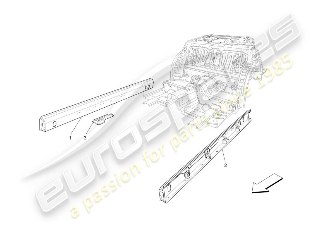 maserati granturismo s (2018) zentrale strukturrahmen und blechplatten teilediagramm