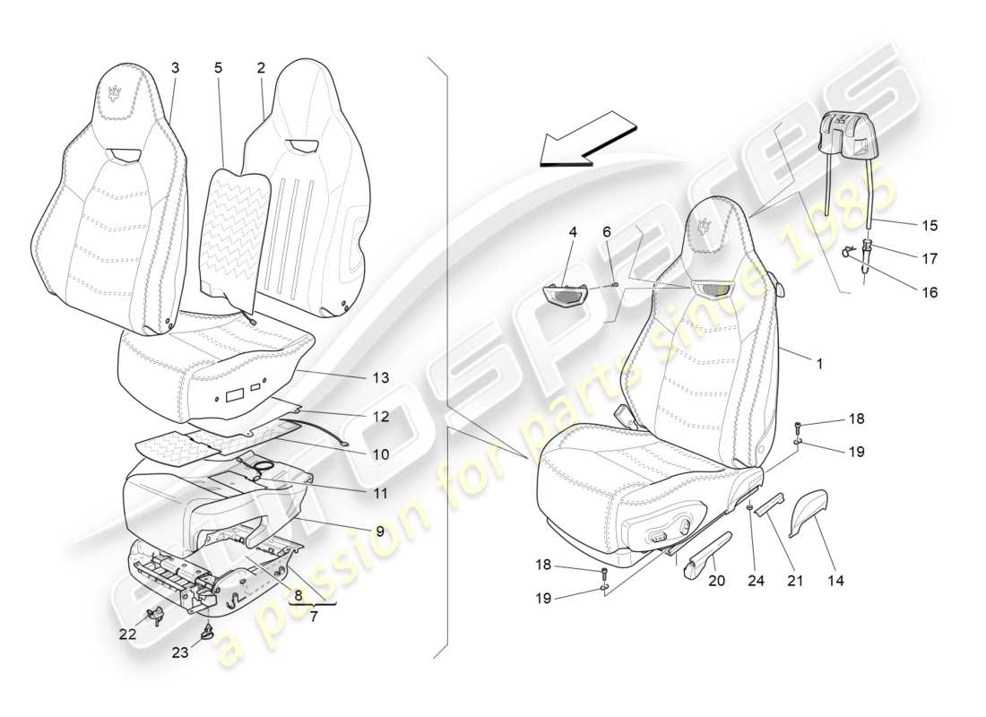 maserati granturismo s (2014) vordersitze: verkleidungen ersatzteildiagramm