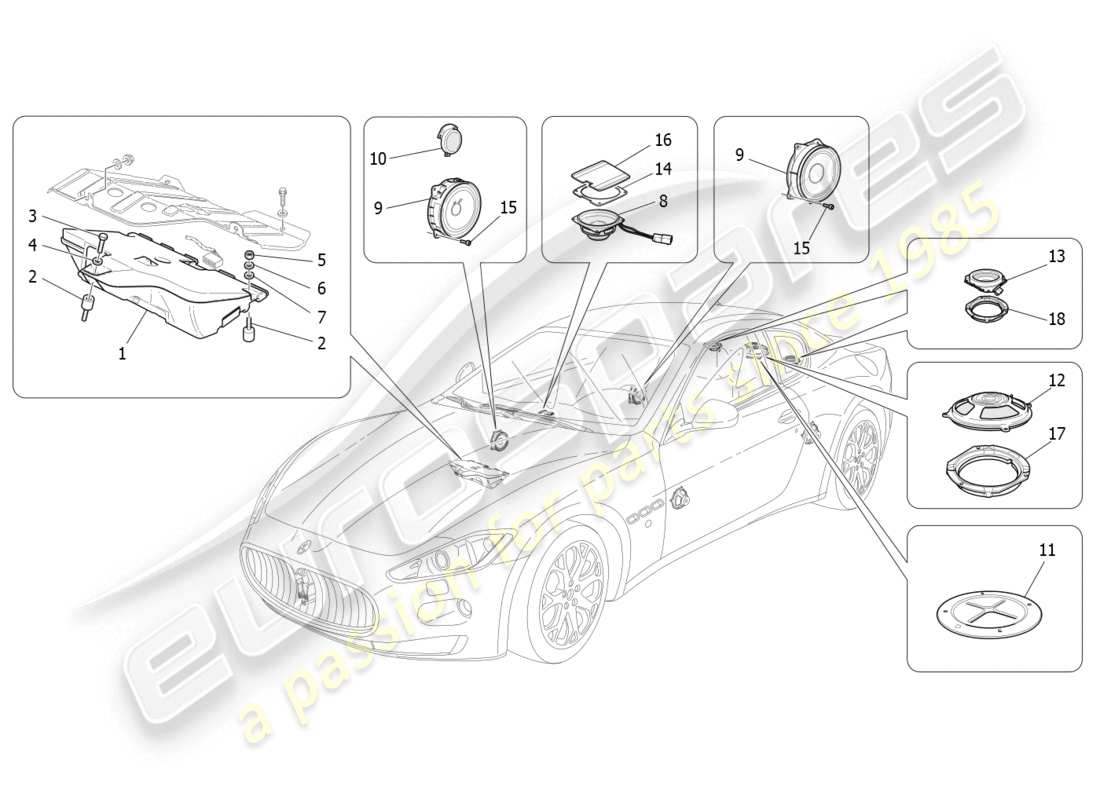 maserati granturismo (2008) teilediagramm für das schalldiffusionssystem