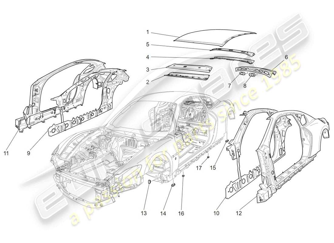 maserati granturismo (2009) karosserie und mittlere aussenverkleidung teilediagramm