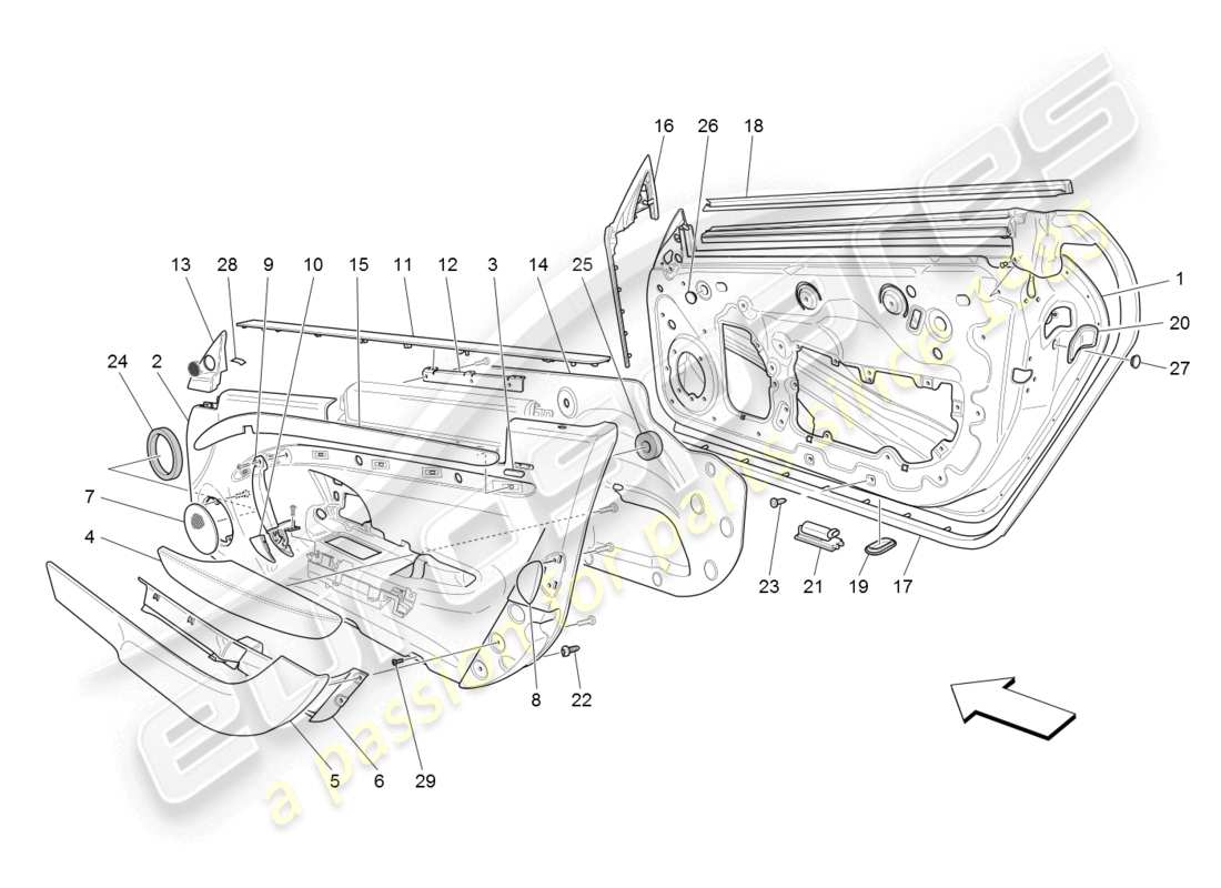 maserati granturismo (2008) vordere türen: verkleidungen ersatzteildiagramm