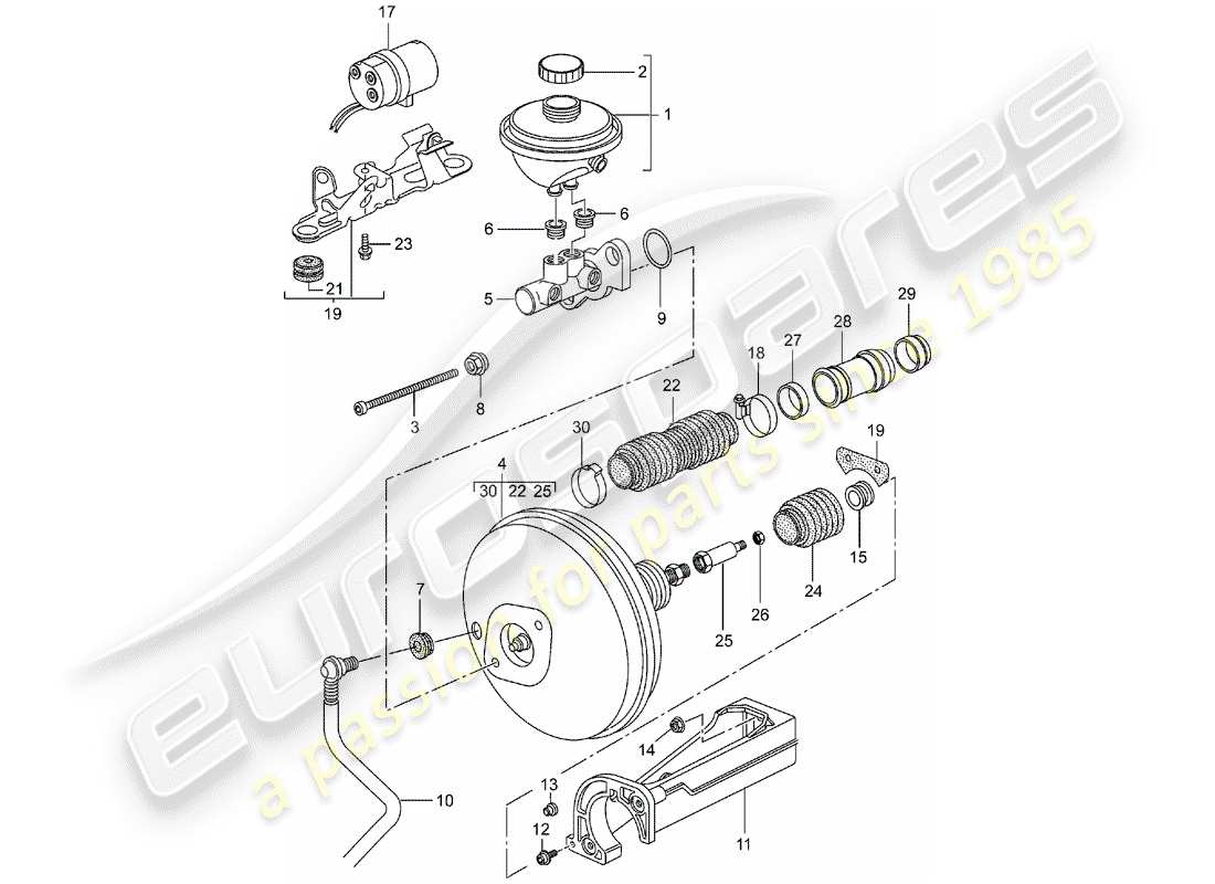 porsche 1999 (986 boxster) hauptbremszylinder - bremskraftverstärker - kupplungspumpe ersatzteildiagramm