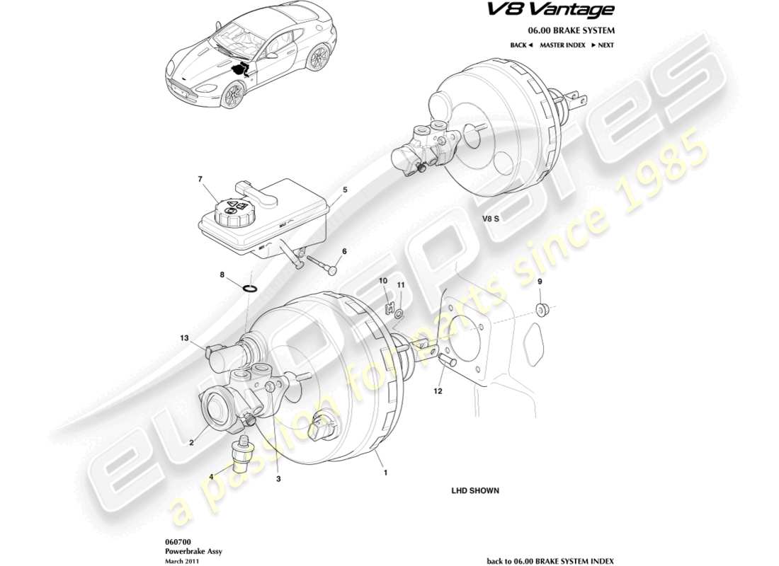 aston martin v8 vantage (2008) teilediagramm der servobremsenbaugruppe
