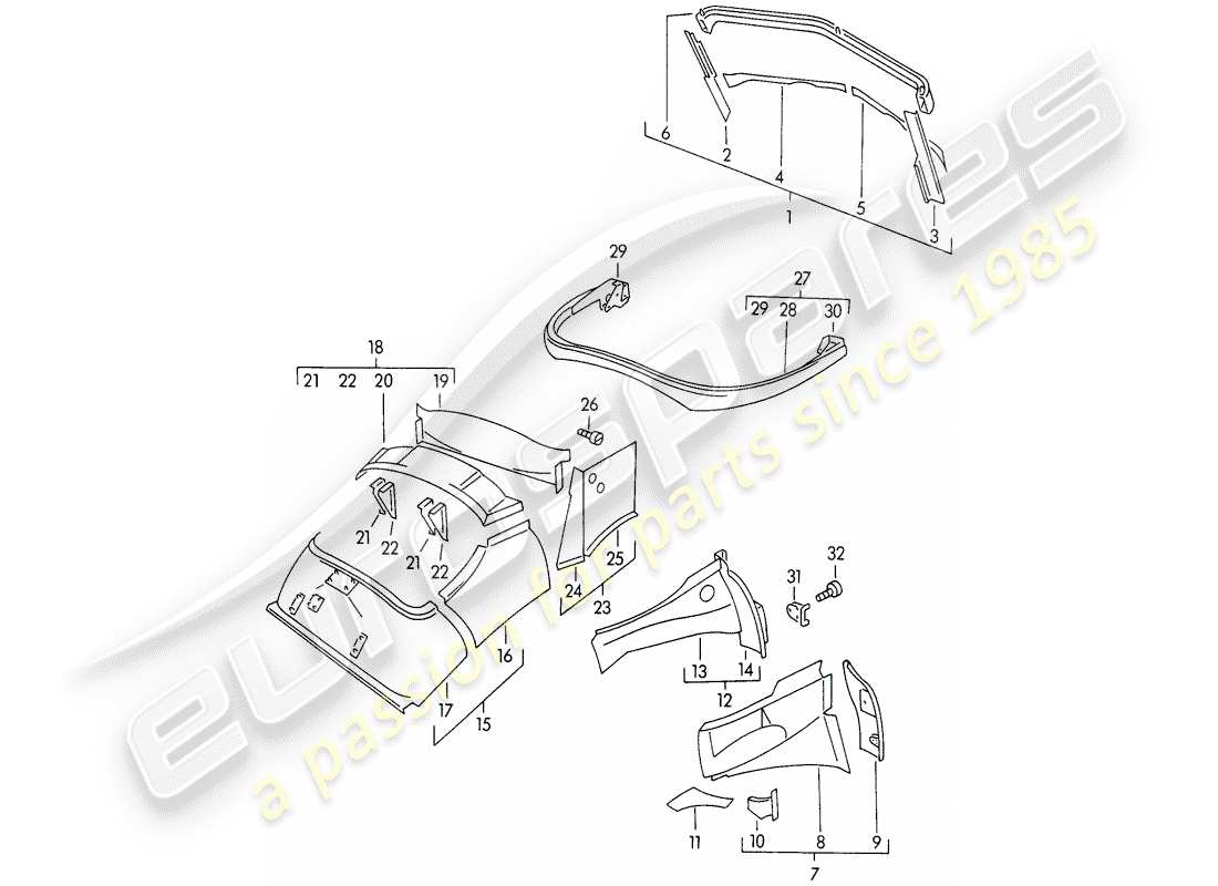 porsche 1956 (356/356a) karosserie - innenverkleidung teilediagramm