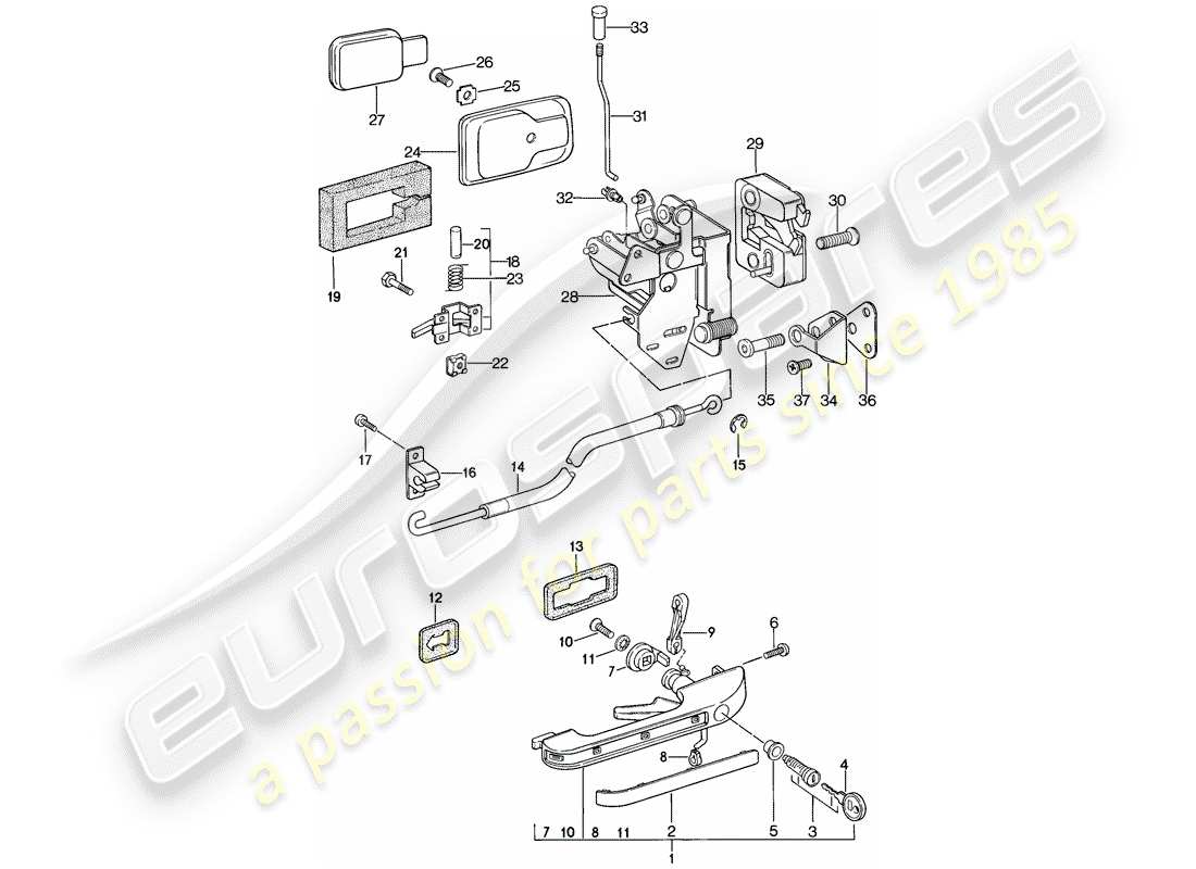 porsche 1983 (944) installationsteile - tür - türverriegelung teilediagramm