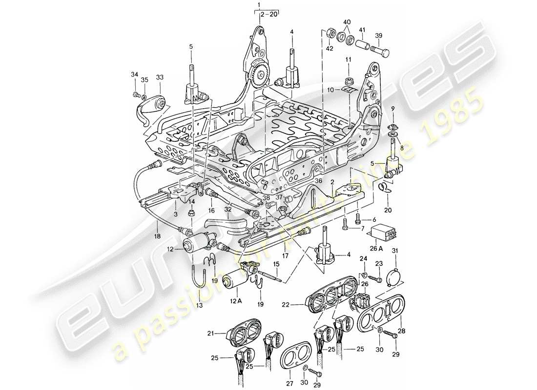 porsche 1988 (959) sportsitz - rahmen für sitz ersatzteildiagramm
