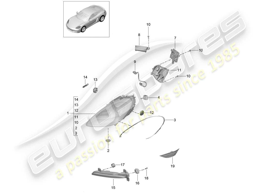 porsche 2020 (718 cayman) scheinwerfer-teilediagramm