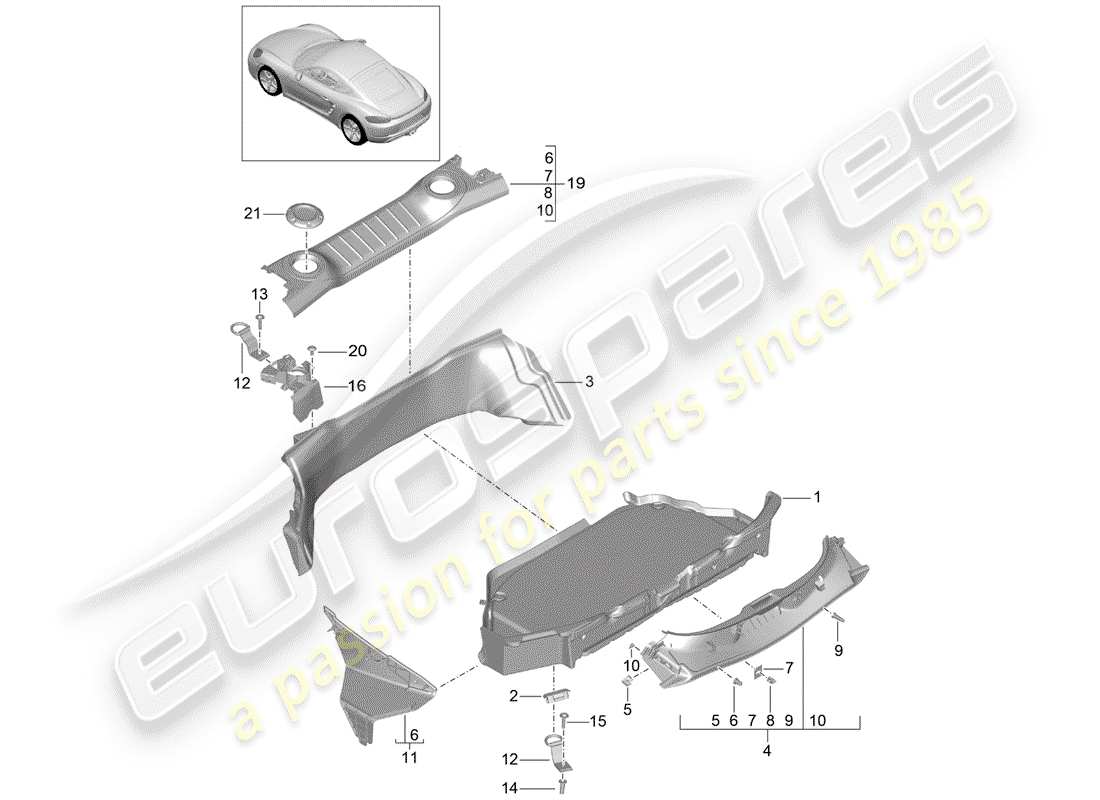 porsche 2020 (718 cayman) kofferraumverkleidung - ersatzteildiagramm