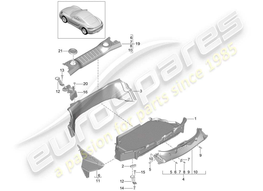 porsche 718 cayman (2020) kofferraumverkleidung - ersatzteildiagramm