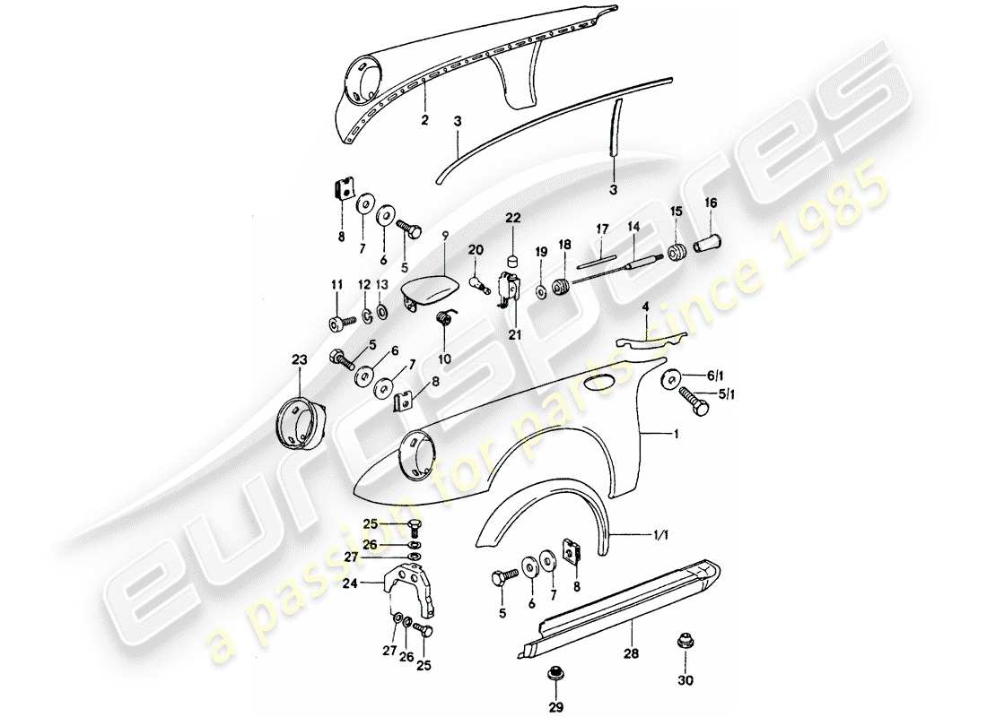 porsche 1976 (911 turbo) außenverkleidung - ersatzteildiagramm