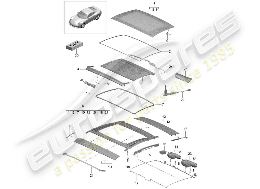 porsche 2012 (991-1) glasdach - ersatzteildiagramm