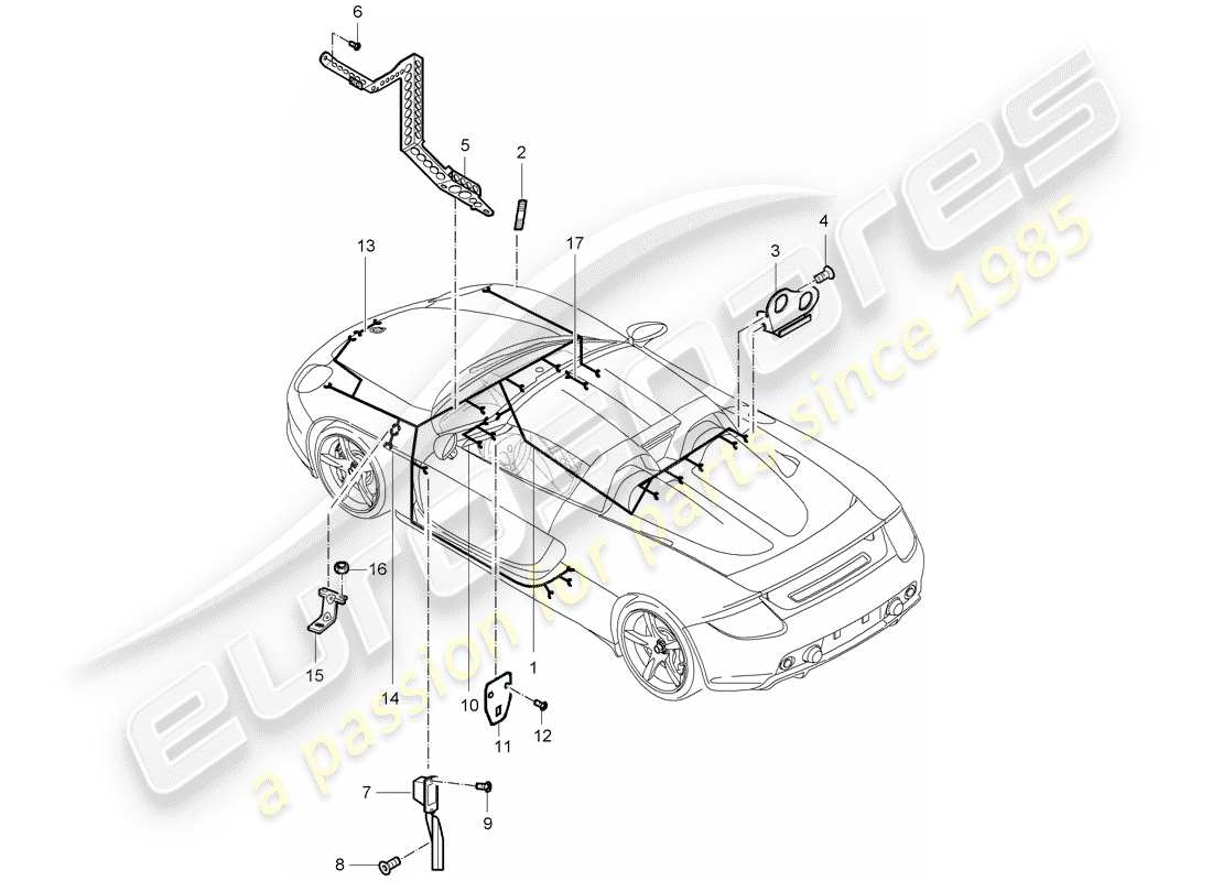 porsche 2006 (carrera gt) kabelbäume - fahrgastraum - pedale - gepäckraumlampe - blinker-wiederholer - handschuhfachbeleuchtung - reparatursatz - antiblockiersystem -abs- - bremsbelagverschleissanzeige - vorderachse ersatzteildiagramm