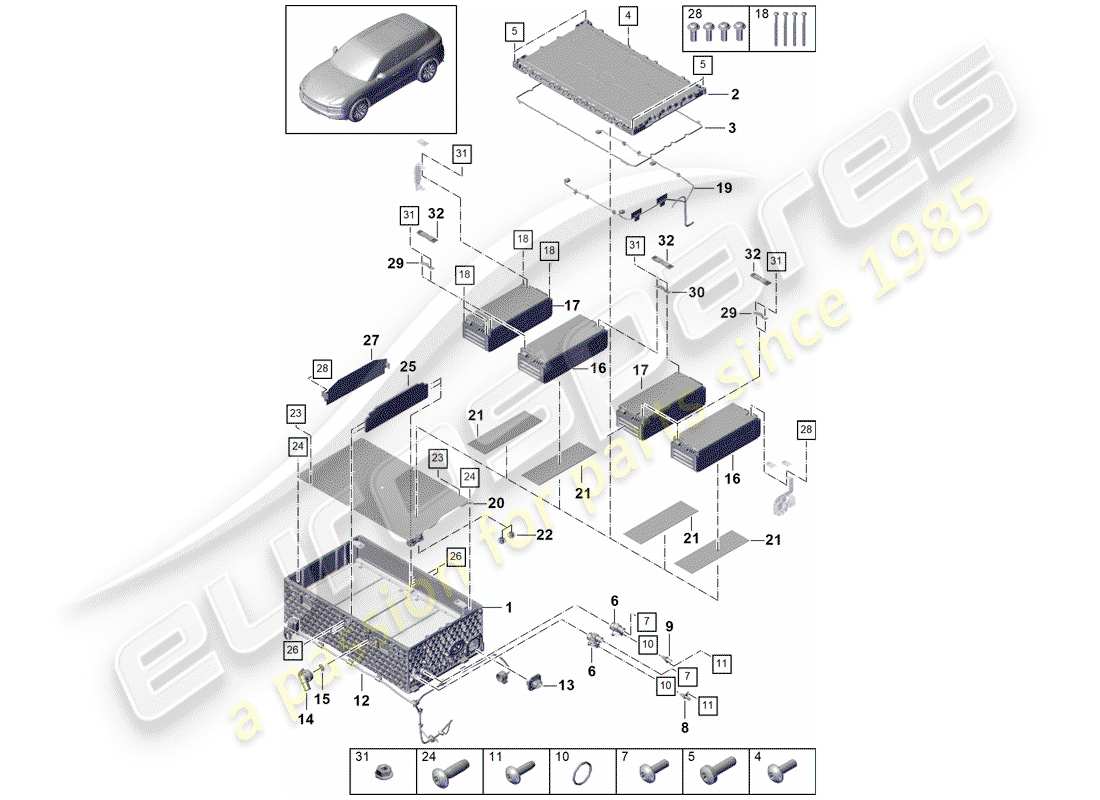 porsche 2020 (cayenne e3 9ya/9yb) hybrid batterie teilediagramm