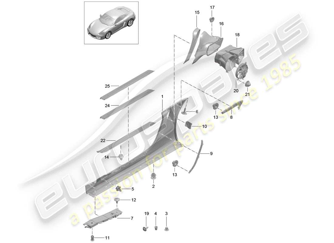 porsche 2014 (981 cayman) seitenträgerverkleidung teilediagramm