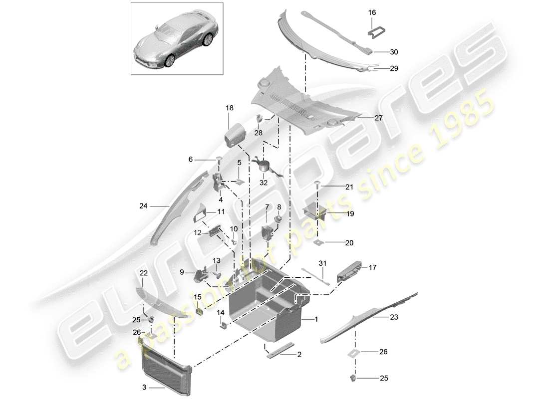 porsche 2016 (991-1 turbo) kofferraumverkleidung - ersatzteildiagramm
