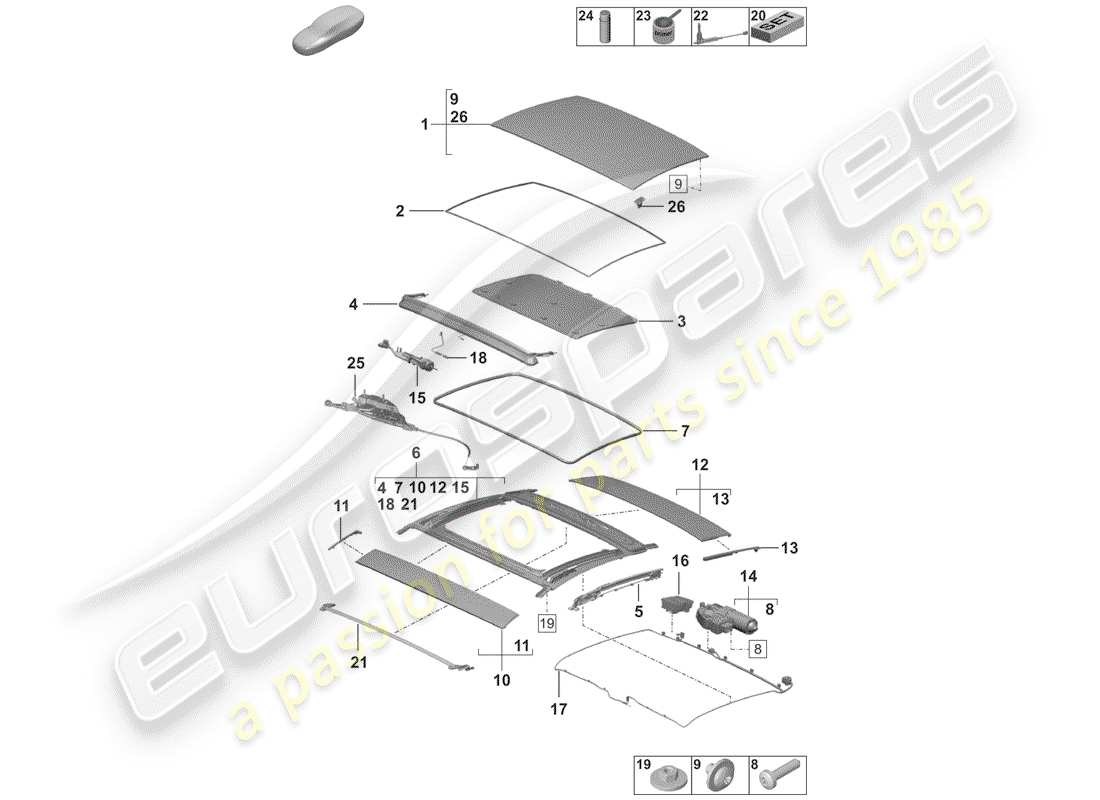 porsche 2019 (992-1) schiebe-/hebedach teilediagramm