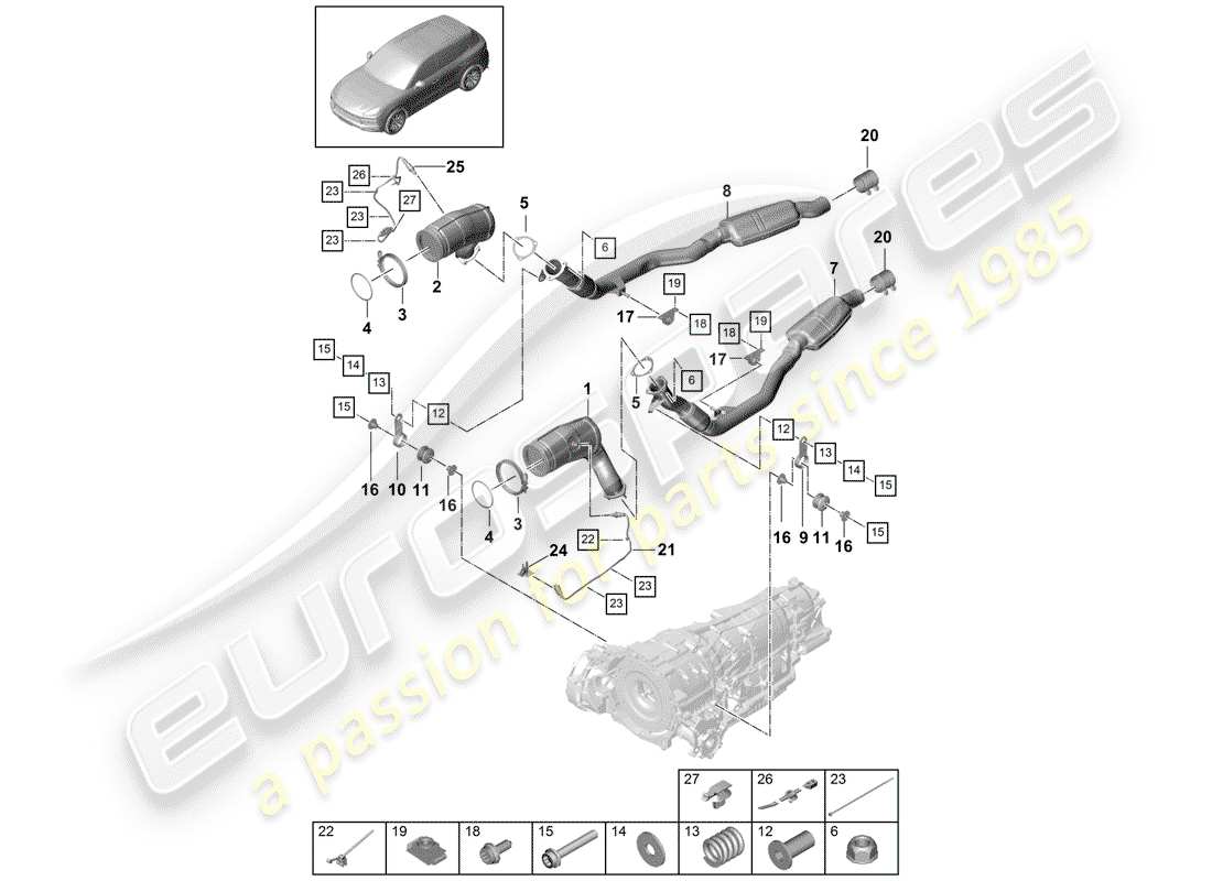 porsche 2019 (cayenne e3 9ya/9yb) auspuffanlage teilediagramm
