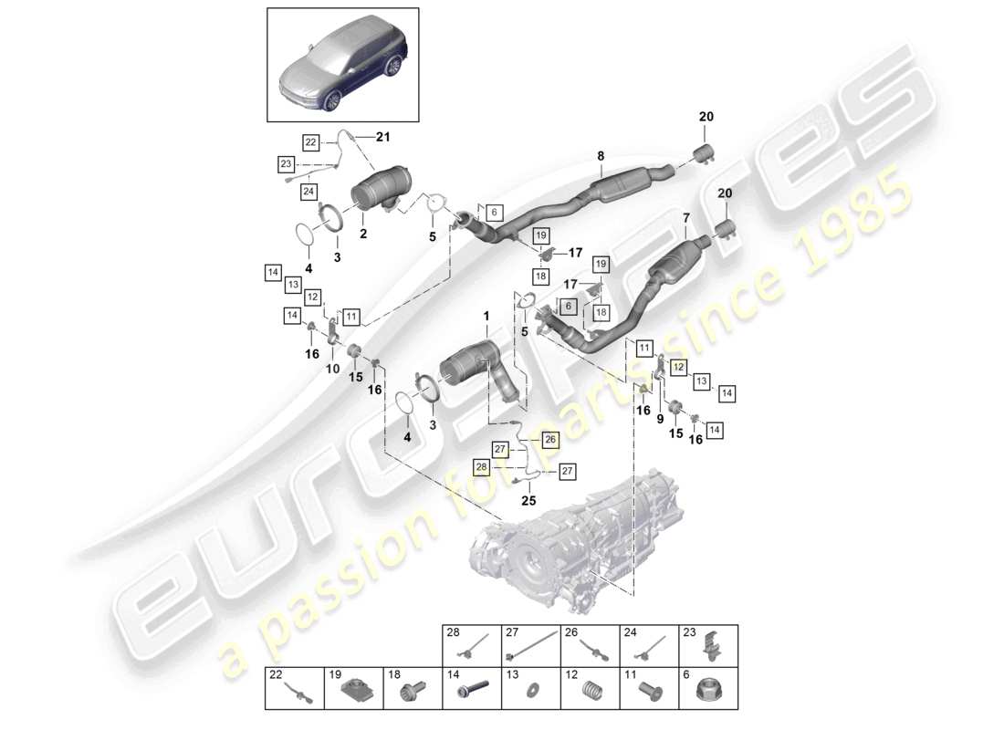 porsche 2018 (cayenne e3 9ya/9yb) abgasanlage katalysator ottopartikelfilter lambdasonde teilediagramm