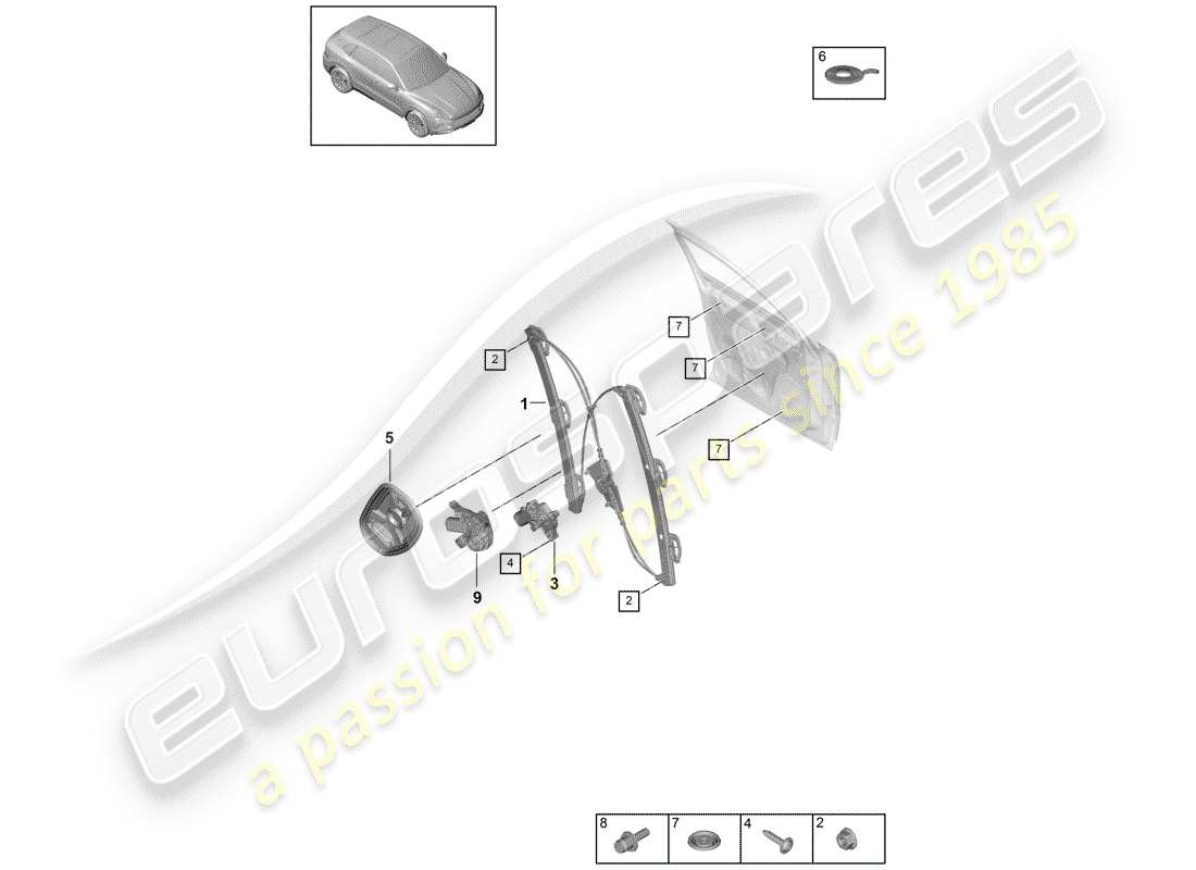 porsche 2018 (cayenne e3 9ya/9yb) fensterheber teilediagramm