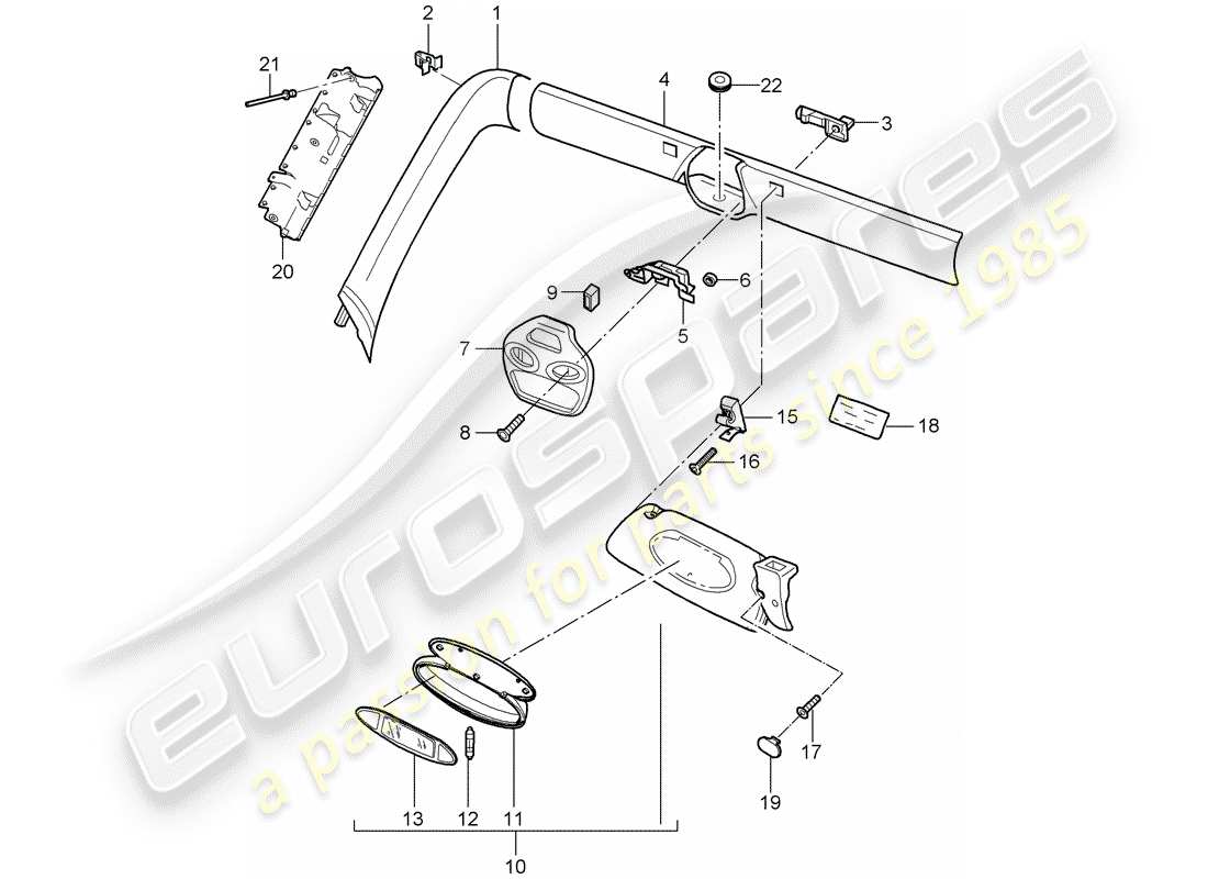 porsche 2000 (996) windschutzscheibenrahmen - windschutzscheibenrahmen - sonnenblenden - sonnenblenden ersatzteildiagramm