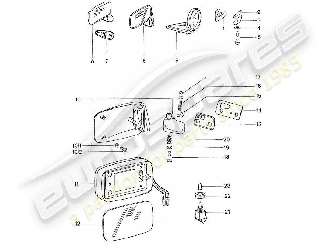 porsche 1976 (911) rückspiegel innen - rückspiegel teilediagramm