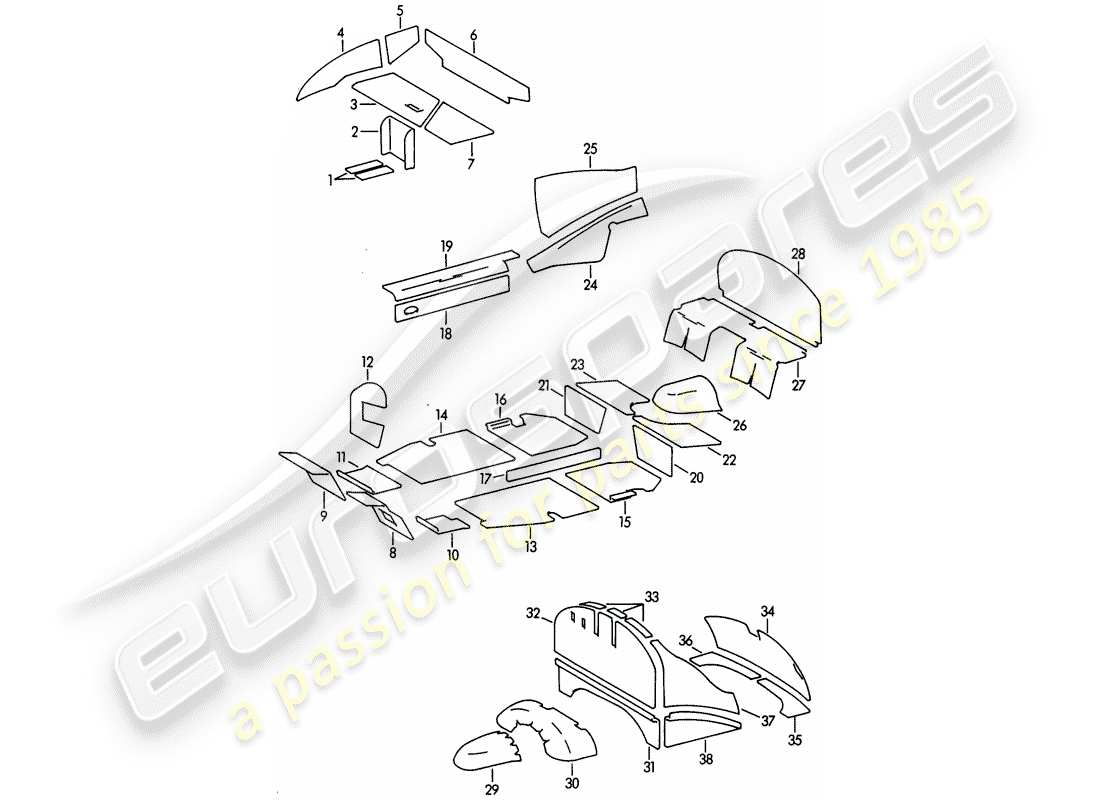 porsche 1961 (356b/356c) karosserie - dämpfungsmatte ersatzteildiagramm