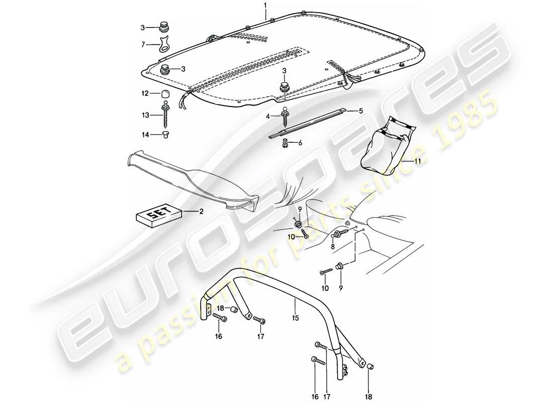 porsche 1986 (911) tonneau-abdeckung mit - beschlägen - abdeckclip ersatzteildiagramm