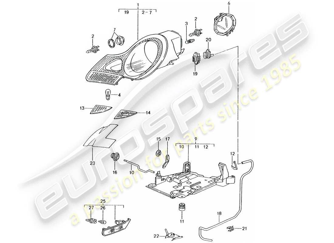 porsche 2002 (986 boxster) scheinwerfer – blinkerrepeater teilediagramm