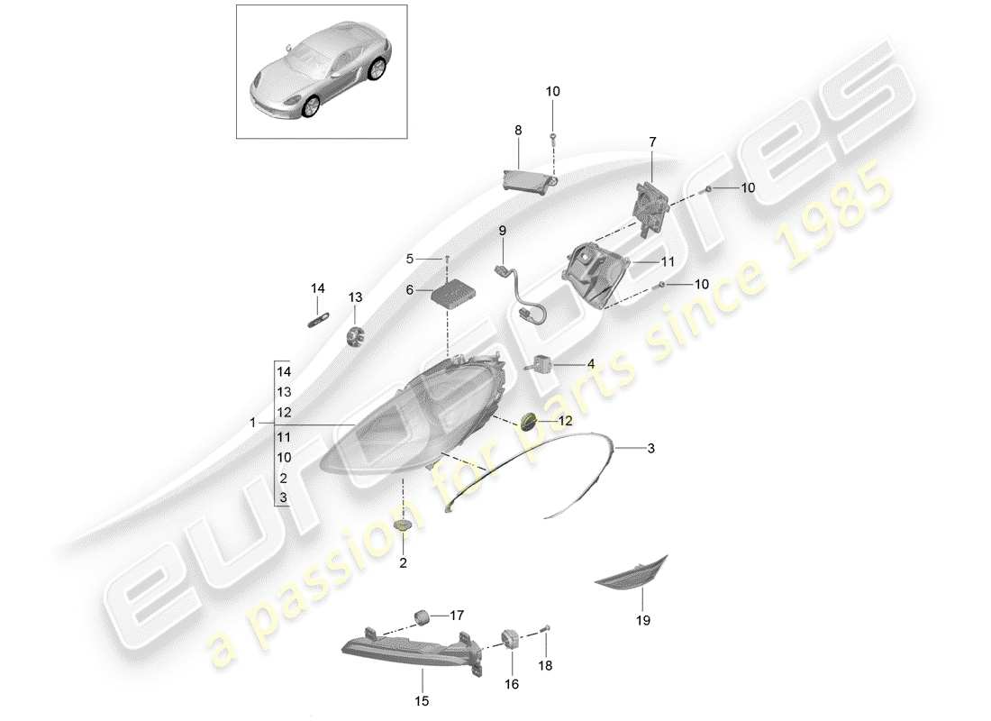 porsche 2017 (718 cayman) scheinwerfer-teilediagramm
