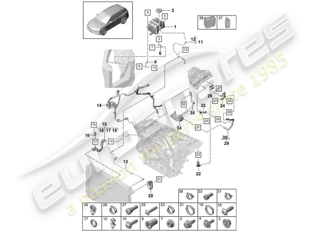 porsche 2020 (cayenne e3 9ya/9yb) wasserkühlung teilediagramm