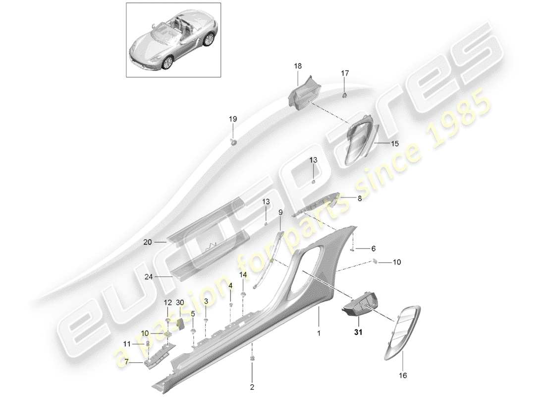 porsche 2020 (718 boxster) seitenträgerverkleidung teilediagramm