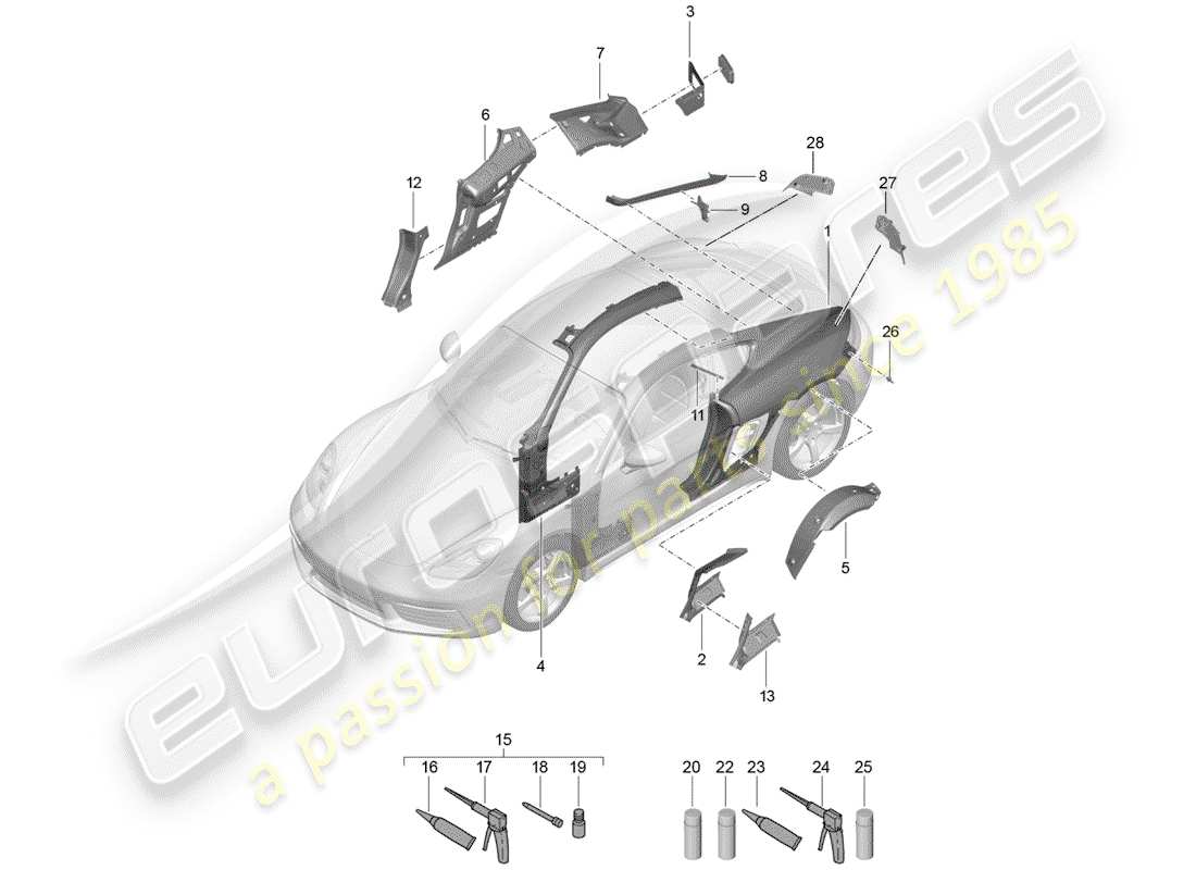 porsche 2020 (718 cayman) seitenwand teilediagramm