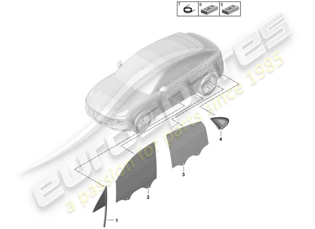 porsche 2020 (cayenne e3 9ya/9yb) seitenfenster-ersatzteildiagramm