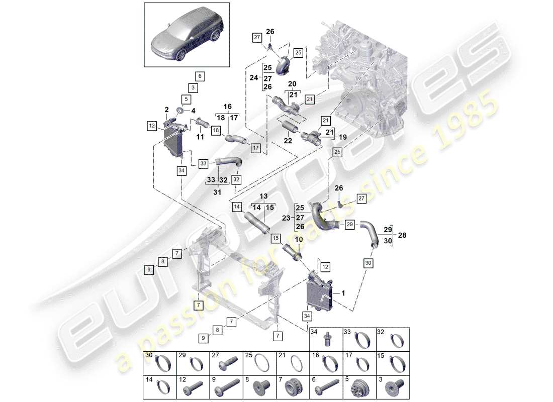porsche 2019 (cayenne e3 9ya/9yb) ladeluftkühler - teilediagramm