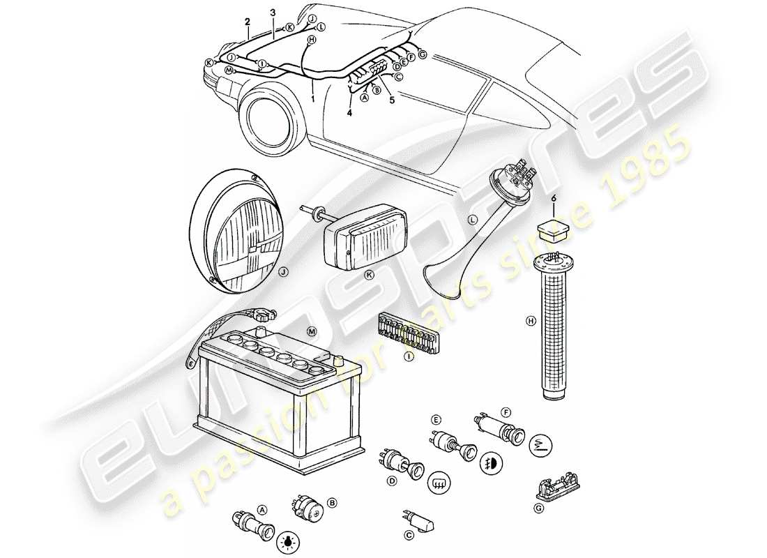 porsche 1982 (911) kabelbäume - gepäckraum - lenkschloss ersatzteildiagramm