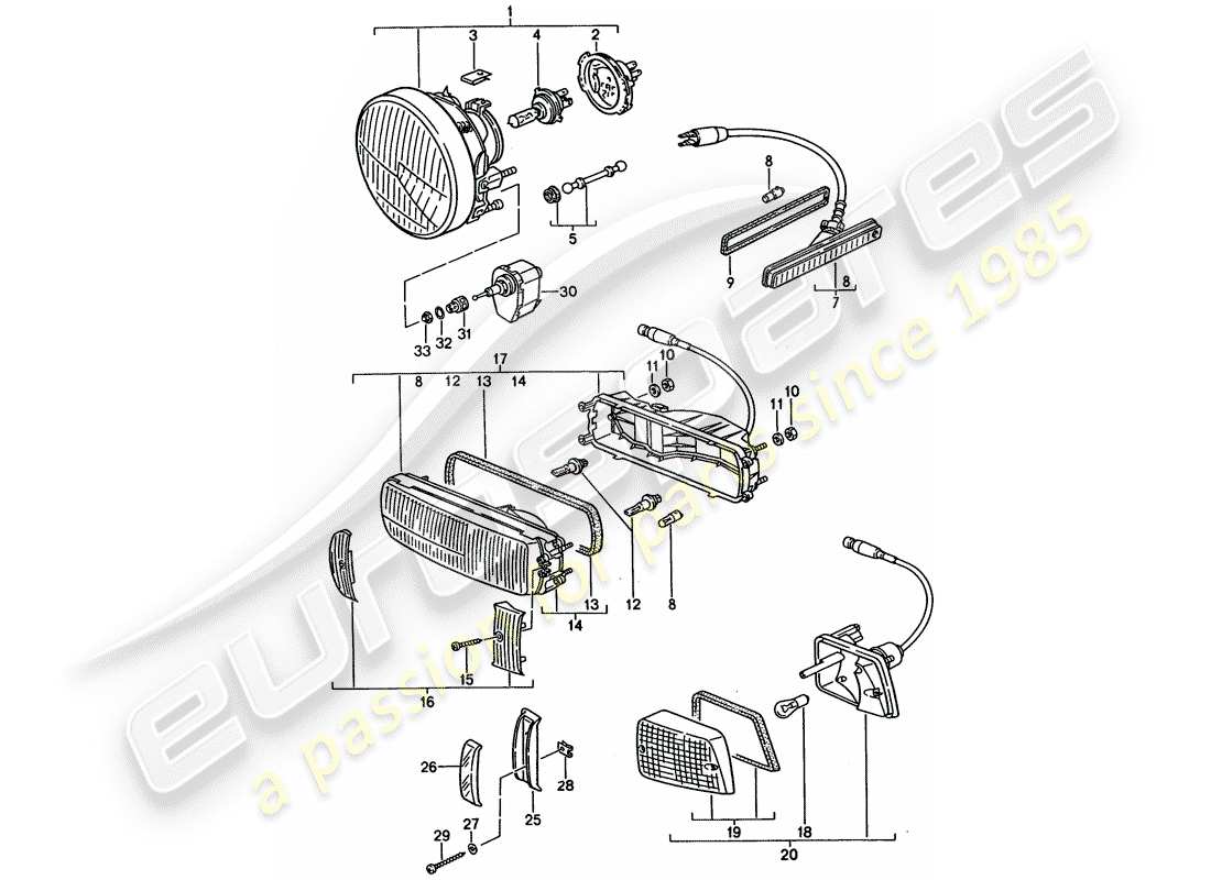 porsche 1993 (928) scheinwerfer - blinker ersatzteildiagramm