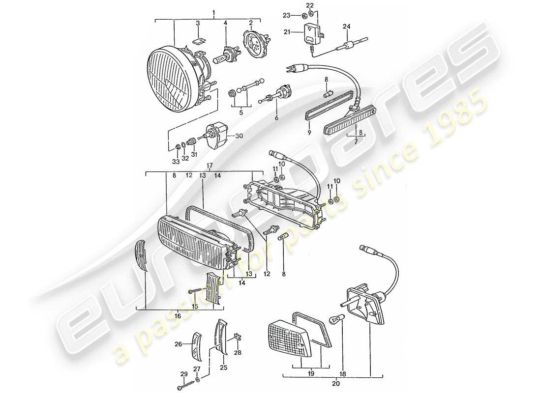 porsche 1988 (928) scheinwerfer - blinker ersatzteildiagramm