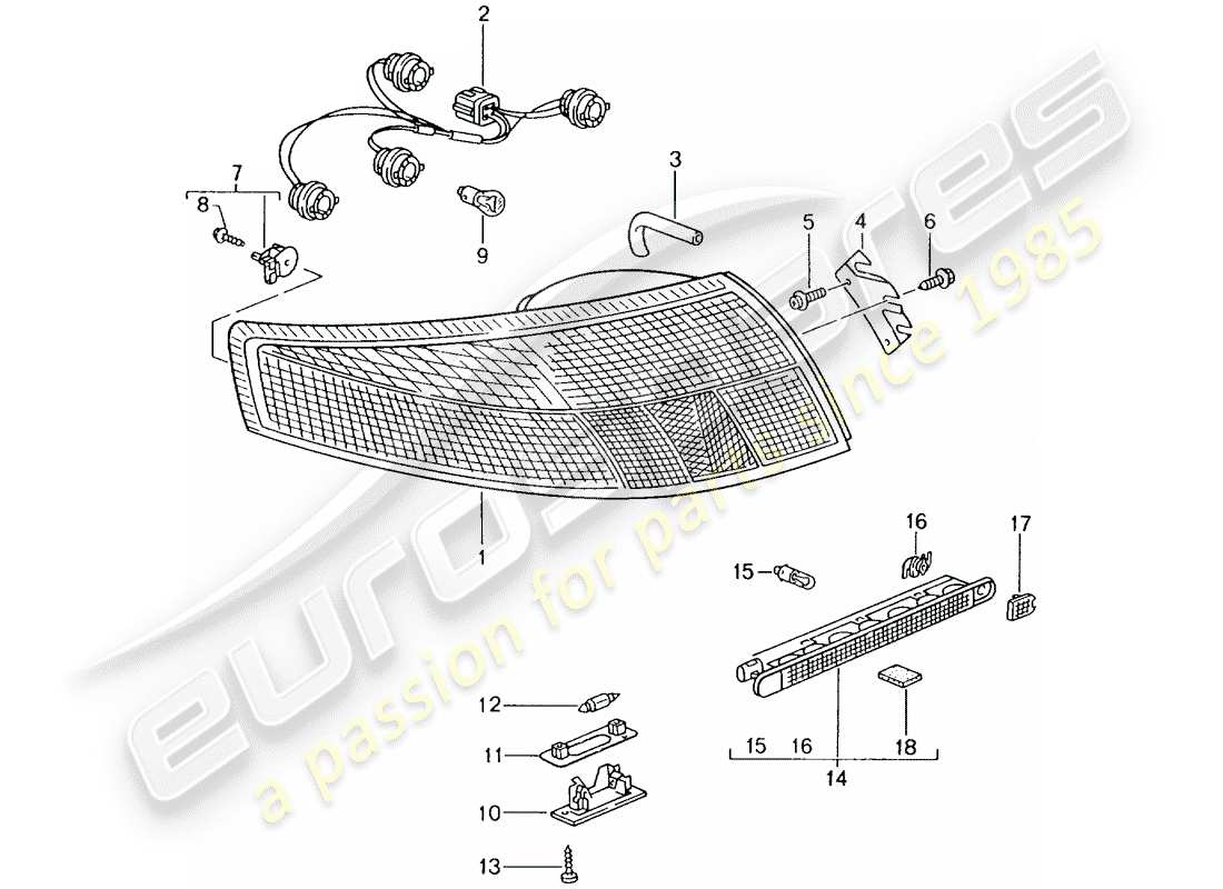 porsche 2002 (996 gt3) rücklicht - kennzeichenlicht - zusätzliches bremslicht teilediagramm